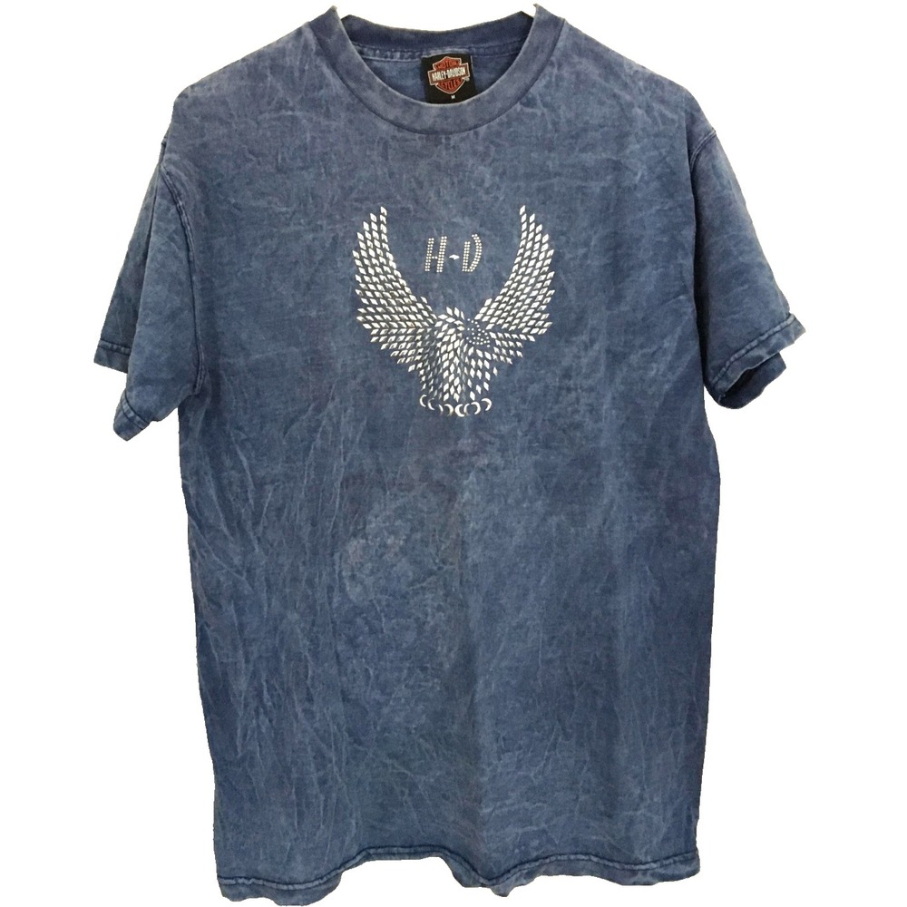 Harley-Davidson Shirt Mens Medium‎ Blue Mineral Wash Rhinestone Wings Made USA